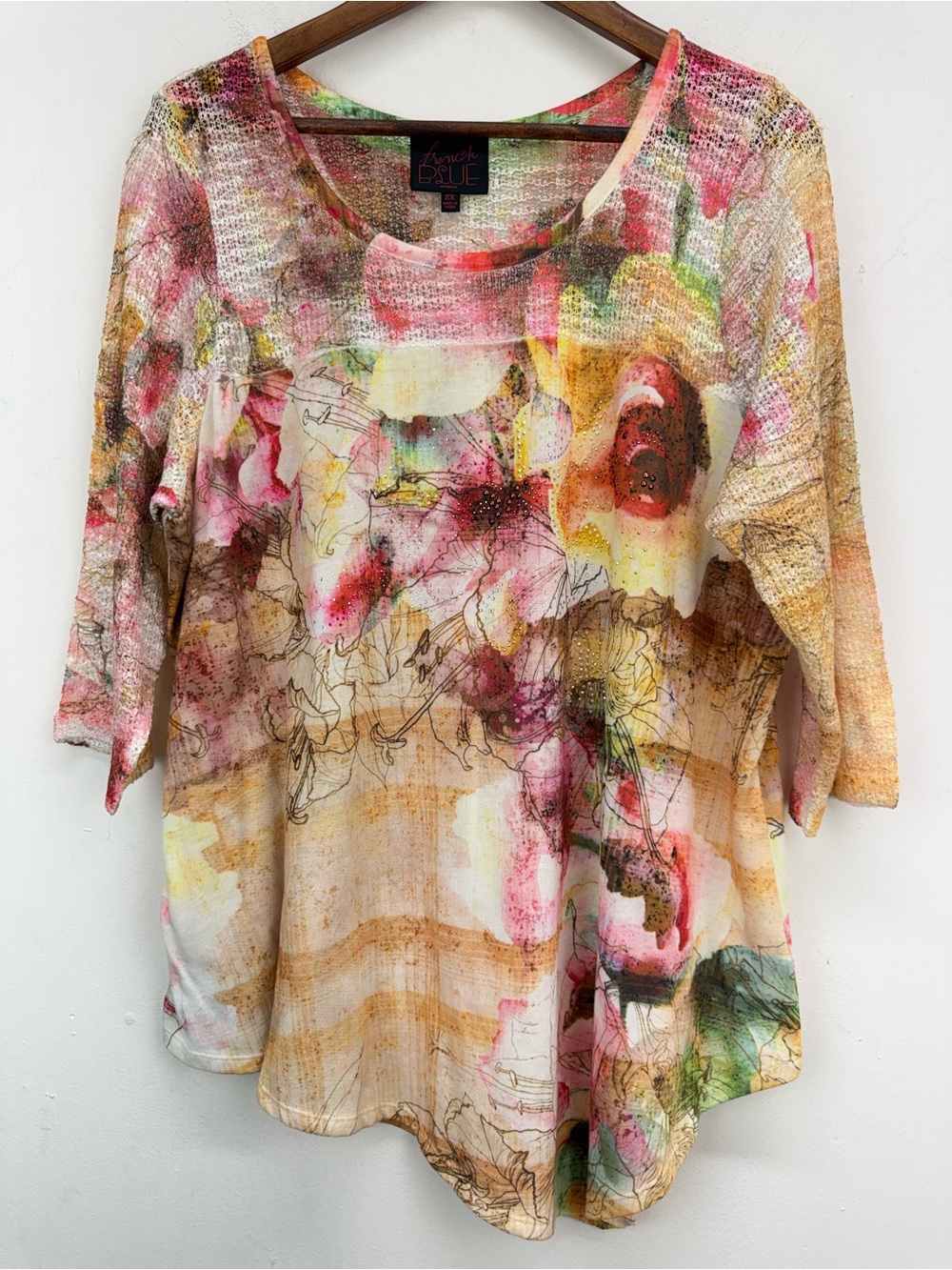 French Blue size 2X Women’s Multicolor Floral Embellished 3/4 Sleeve Tunic Top